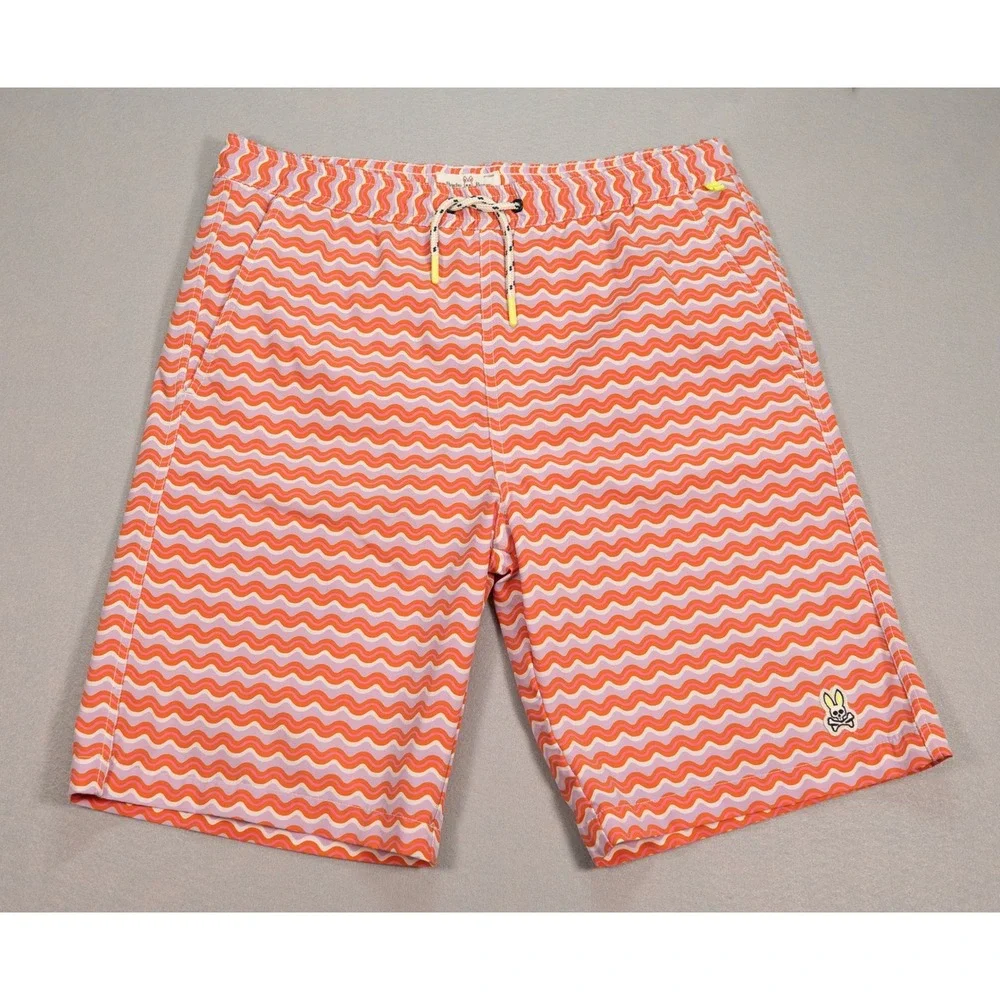 Psycho Bunny Mens Swim‎ Trunks Orange Pink Wavy Chevron Board Shorts Size Large